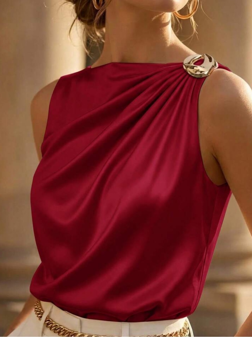Solid Satin Draped Neck Sleeveless Top With Metal Ring Burgundy